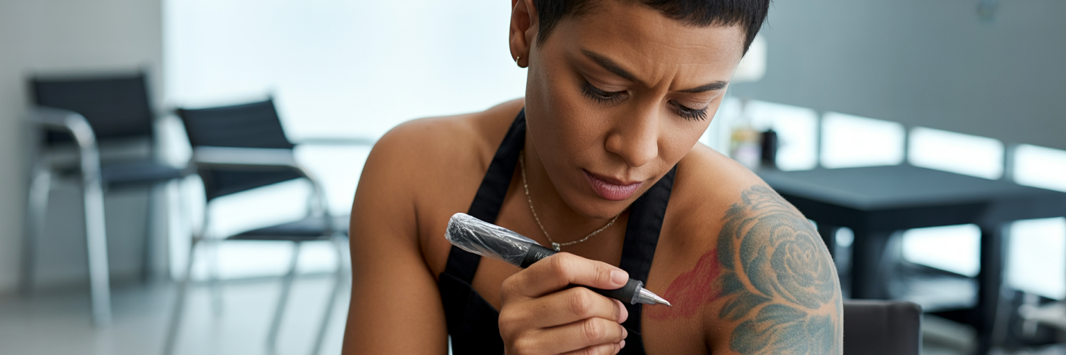 Tattoo artist assessing an old tattoo