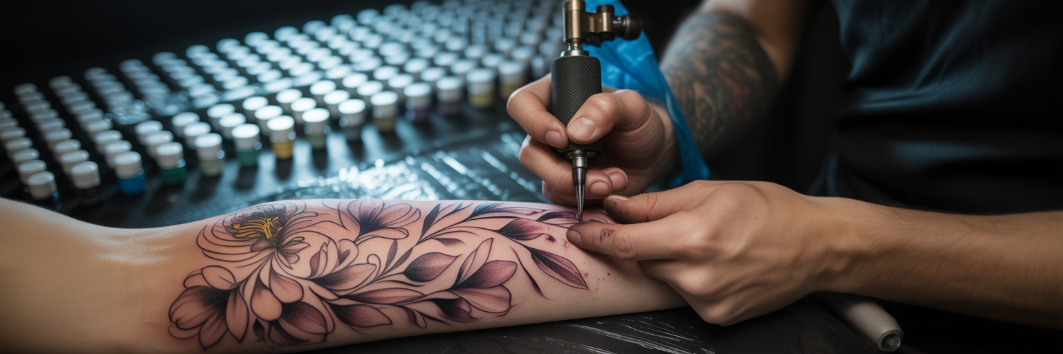 Tattoo artist carefully inking a design.