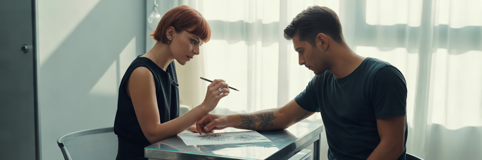 Tattoo artist consulting with a client.