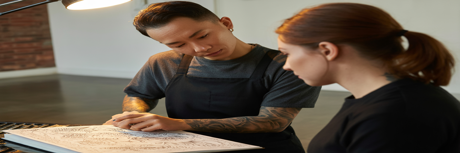 Tattoo artist consulting with client