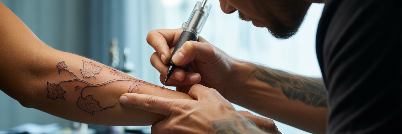Tattoo artist creating a custom fine-line tattoo.