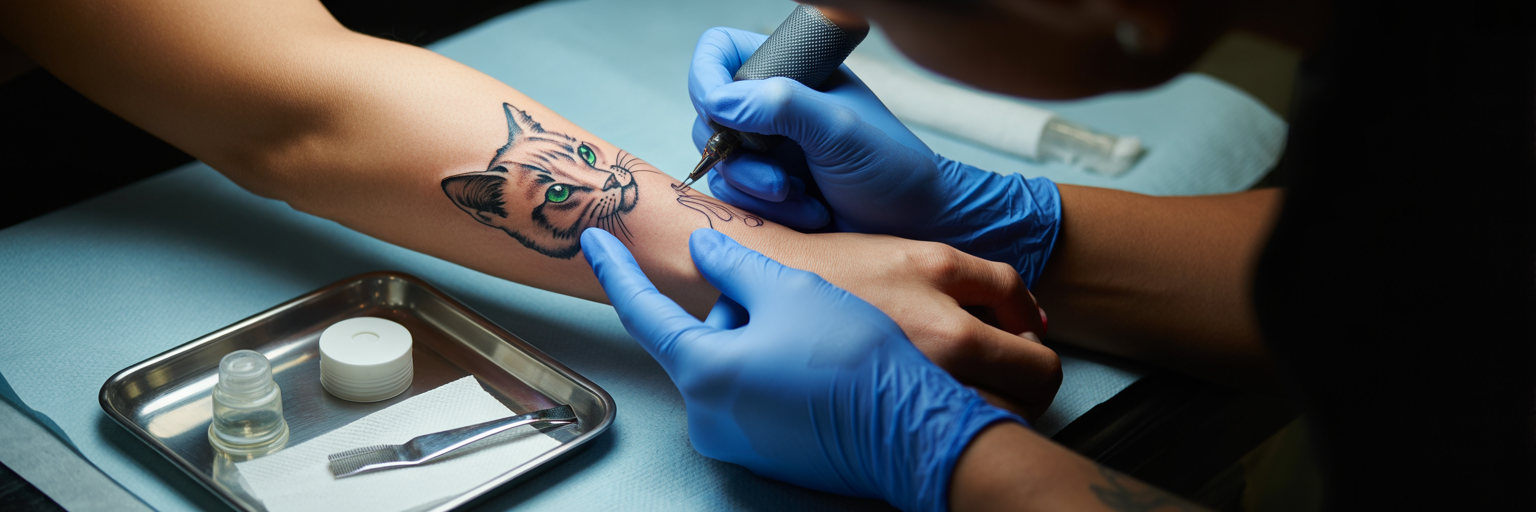 Tattoo artist creating cat tattoo.
