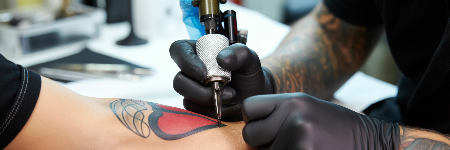 Tattoo artist creating traditional heart design.