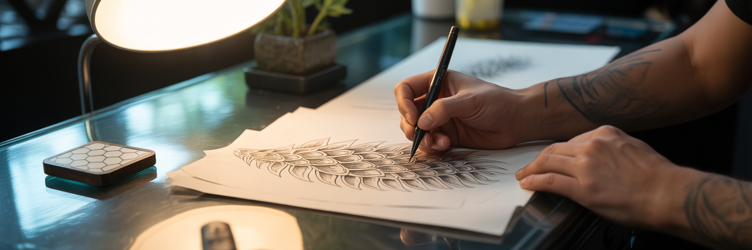 Tattoo artist designing a cover up tattoo.