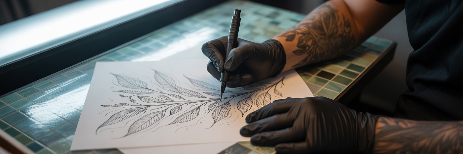 Tattoo artist designing scar cover-up art.