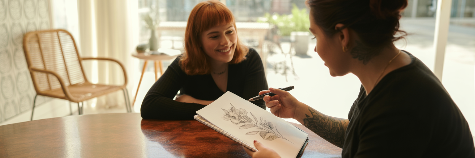 Tattoo artist discussing custom design with client.
