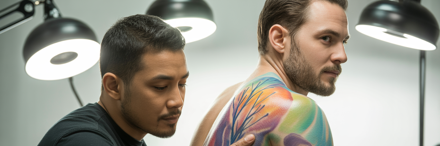 Tattoo artist discussing touch-up with client.