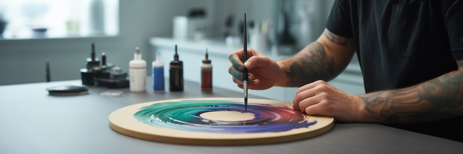 Tattoo artist mixing colourful inks in palette.