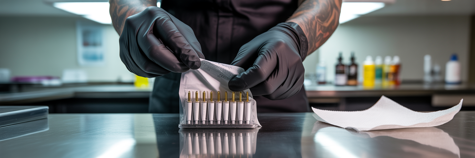 Tattoo artist opening sterile needle packet.