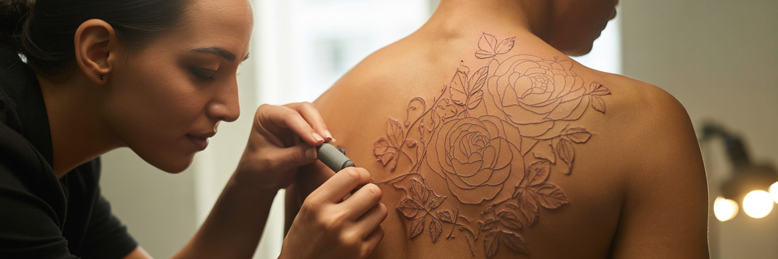 Tattoo artist placing stencil on client's back