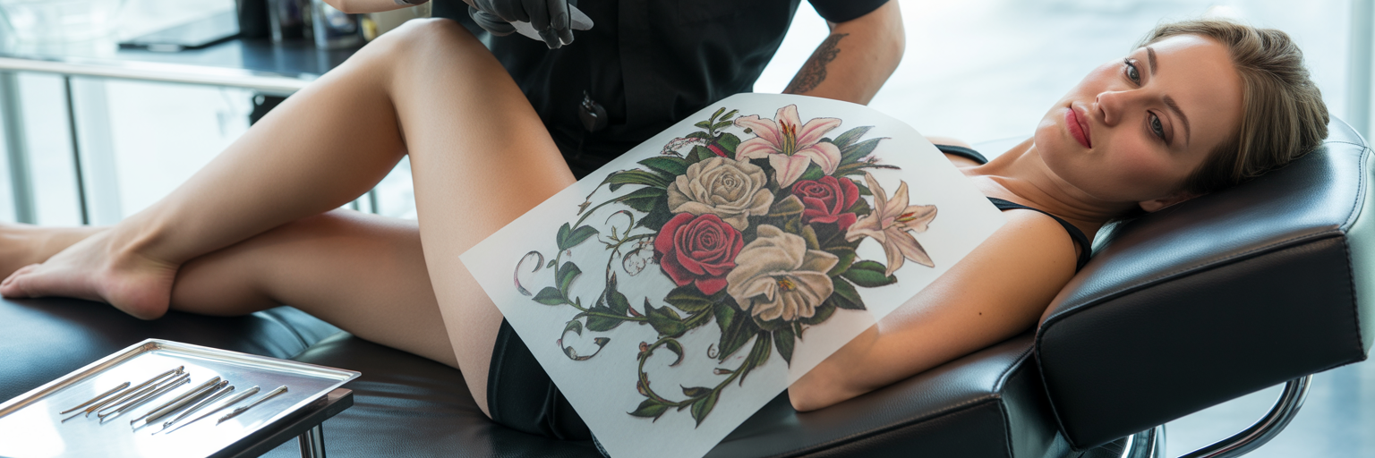 Tattoo artist placing stencil on thigh.