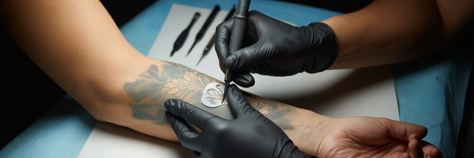Tattoo artist planning a cover-up design.