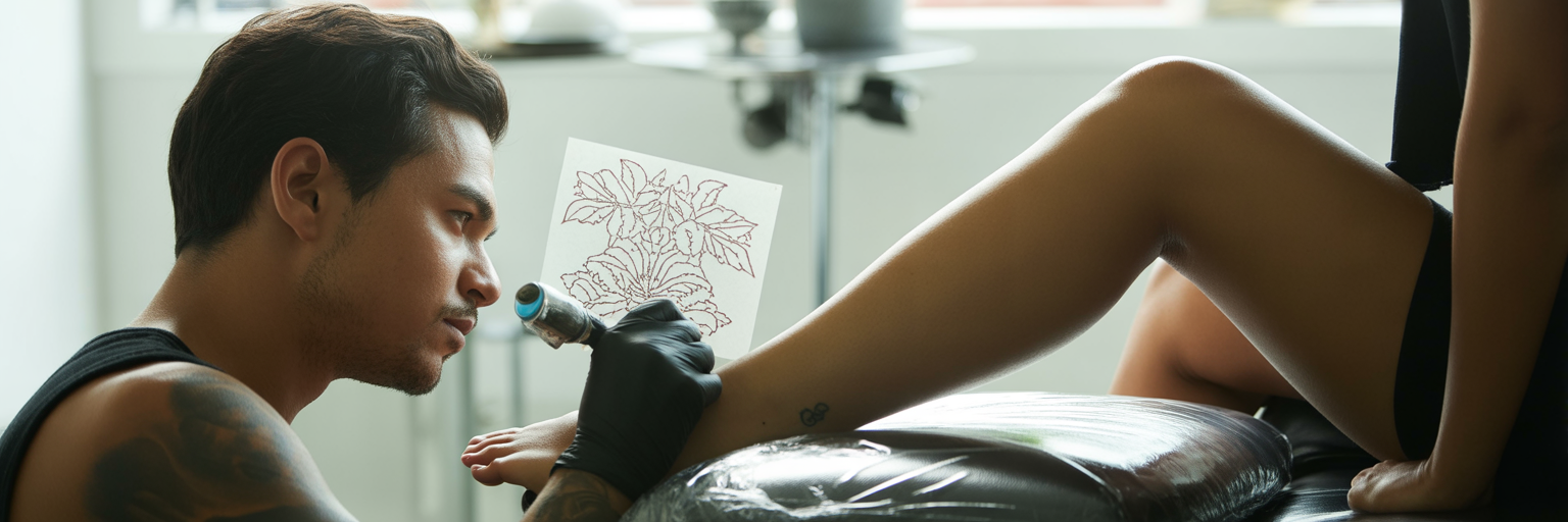 Tattoo artist planning placement on calf.