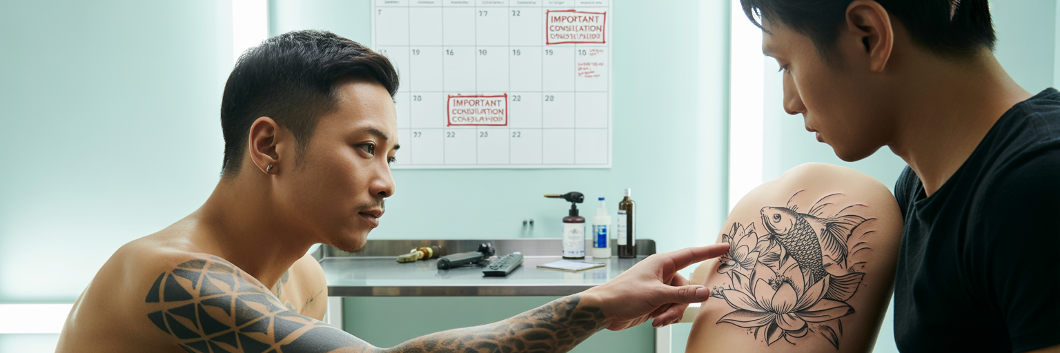 Tattoo artist planning sessions in Singapore studio.