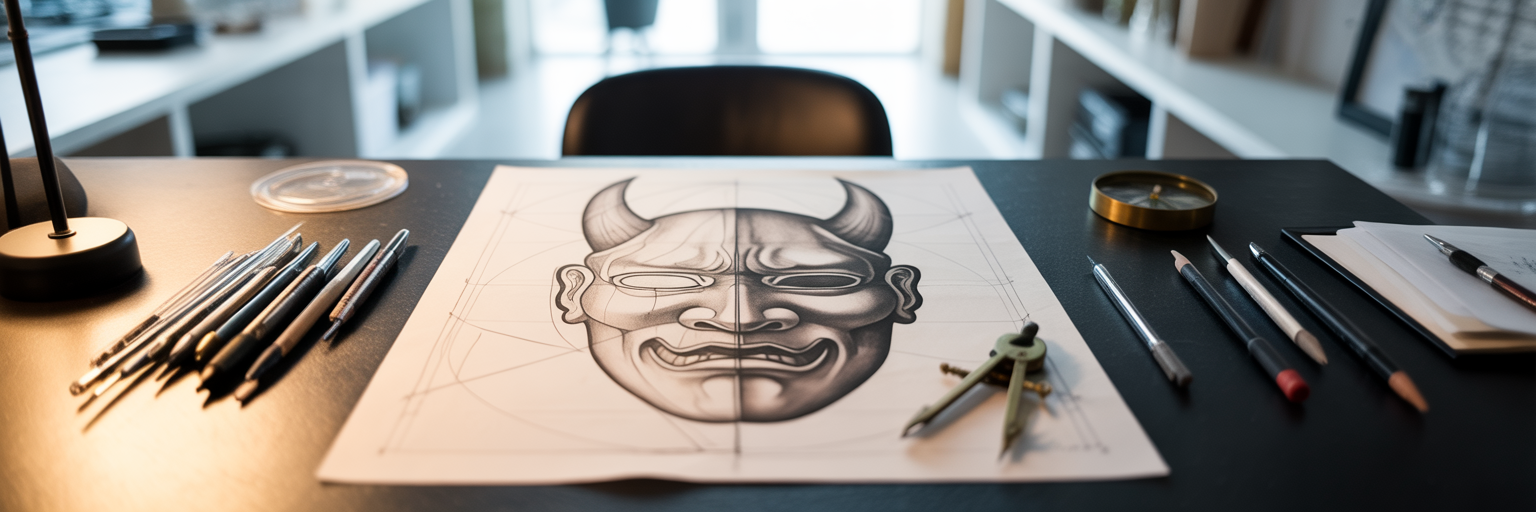 Tattoo artist's workbench with fusion design sketches.