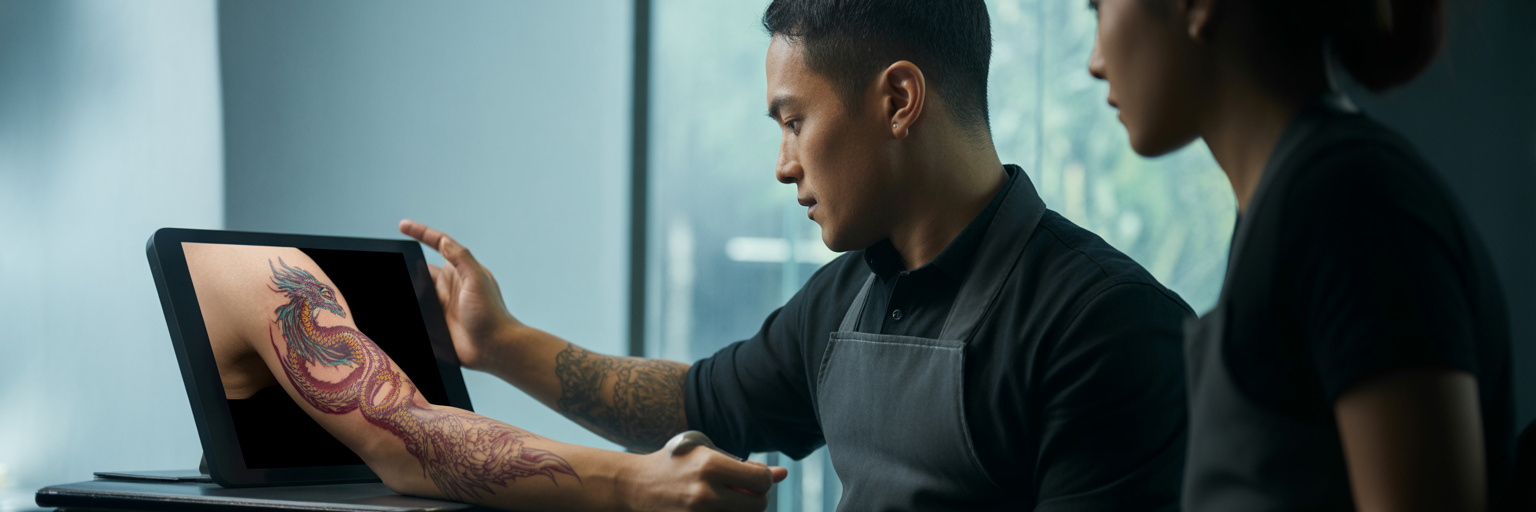 Tattoo artist showing client healed tattoo portfolio.