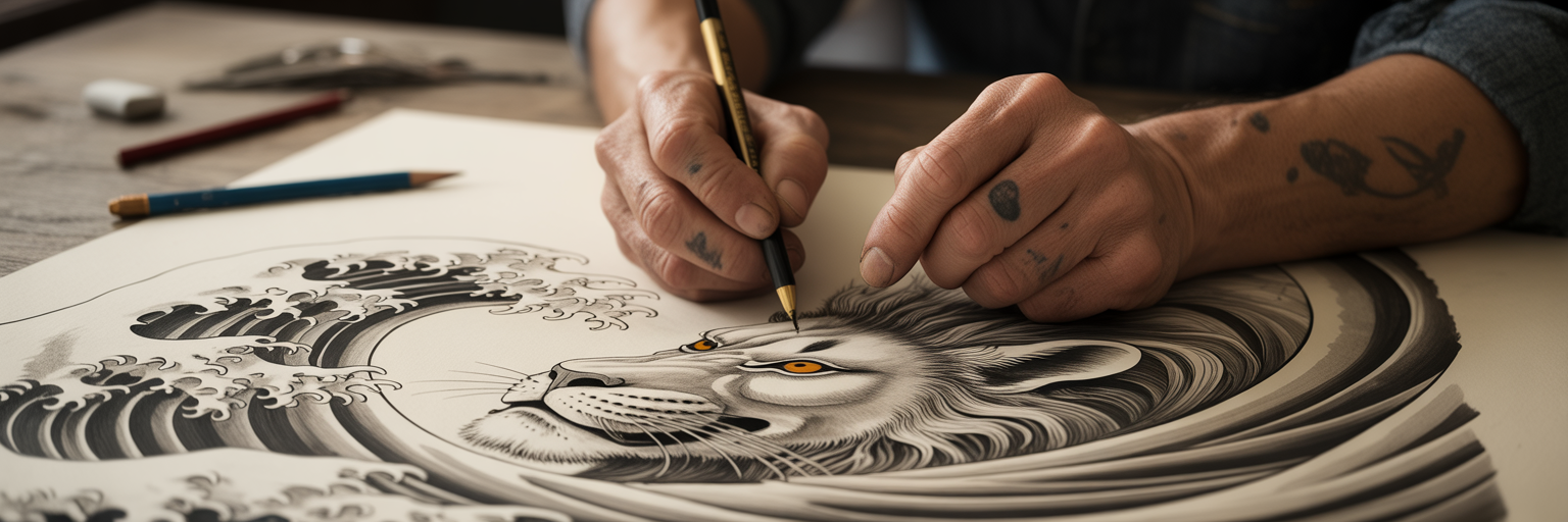 Tattoo artist sketching a fusion design.