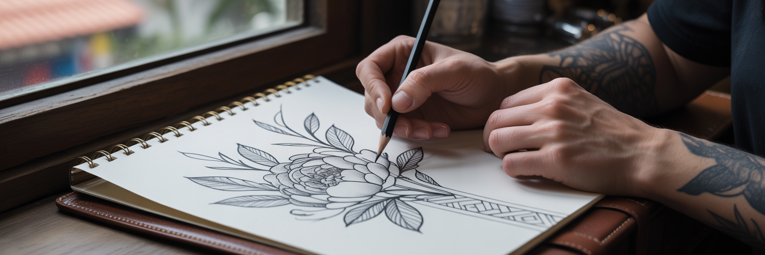 Tattoo artist sketching custom peony design.