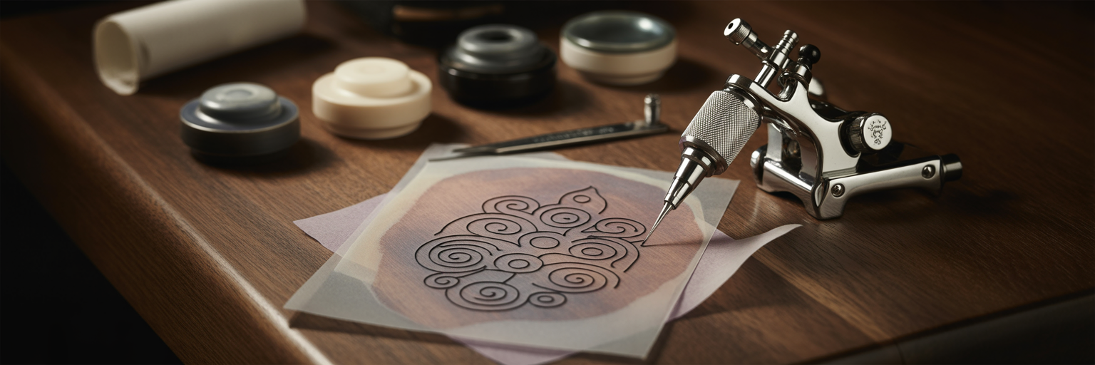 Tattoo artist tools and design stencil.
