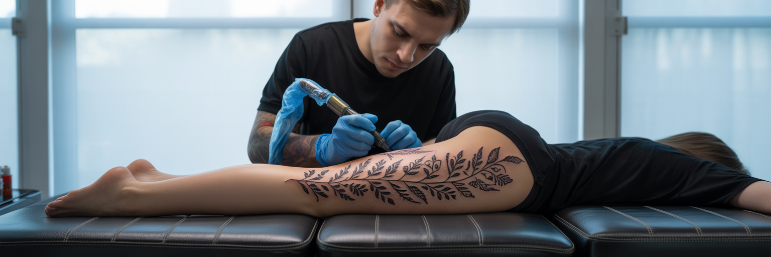Tattoo artist working on back of knee tattoo
