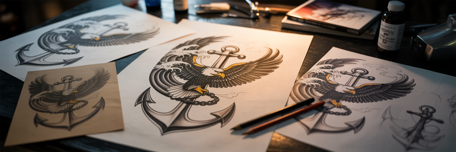Tattoo design sketches fusing American and Japanese styles.