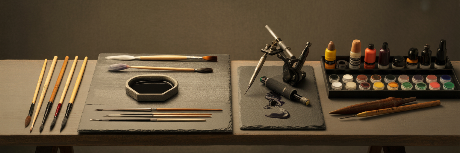 Tattoo tools representing East and West fusion.
