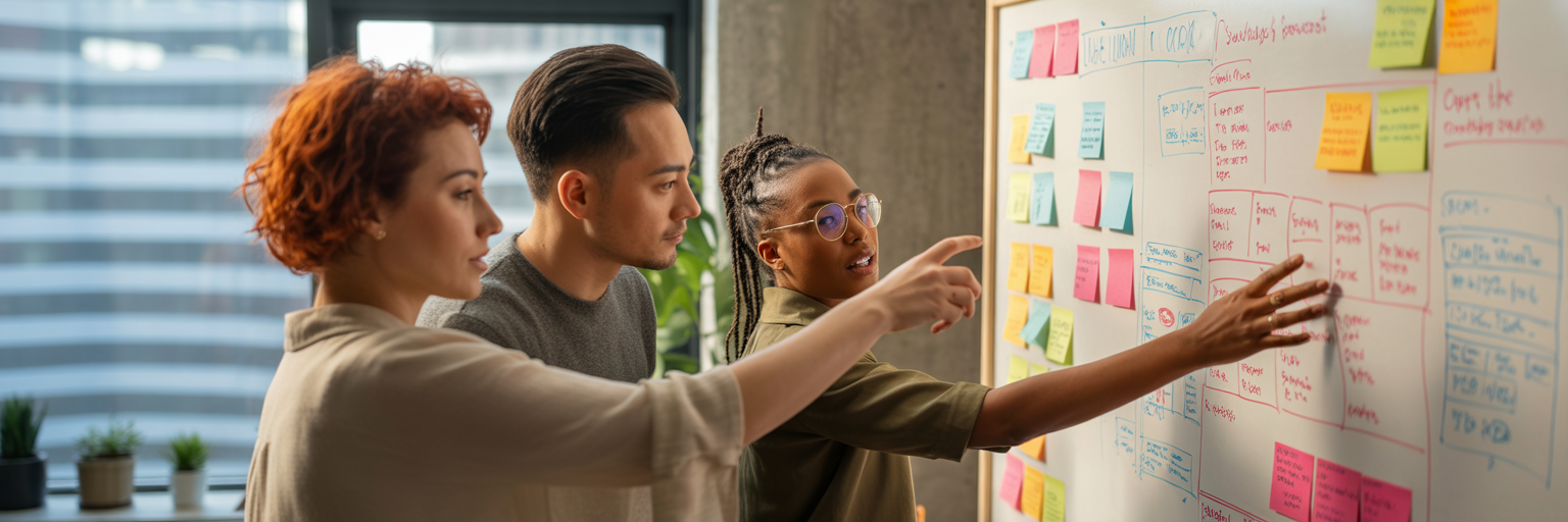 Team planning a video content strategy on a whiteboard.