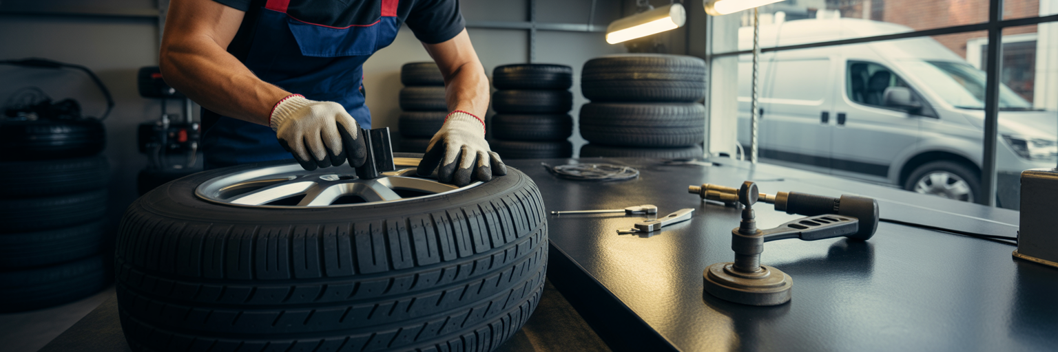 Technician applying an internal patch to a tire.