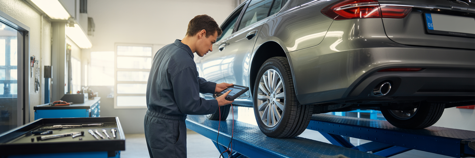 Technician connecting diagnostic tool to car