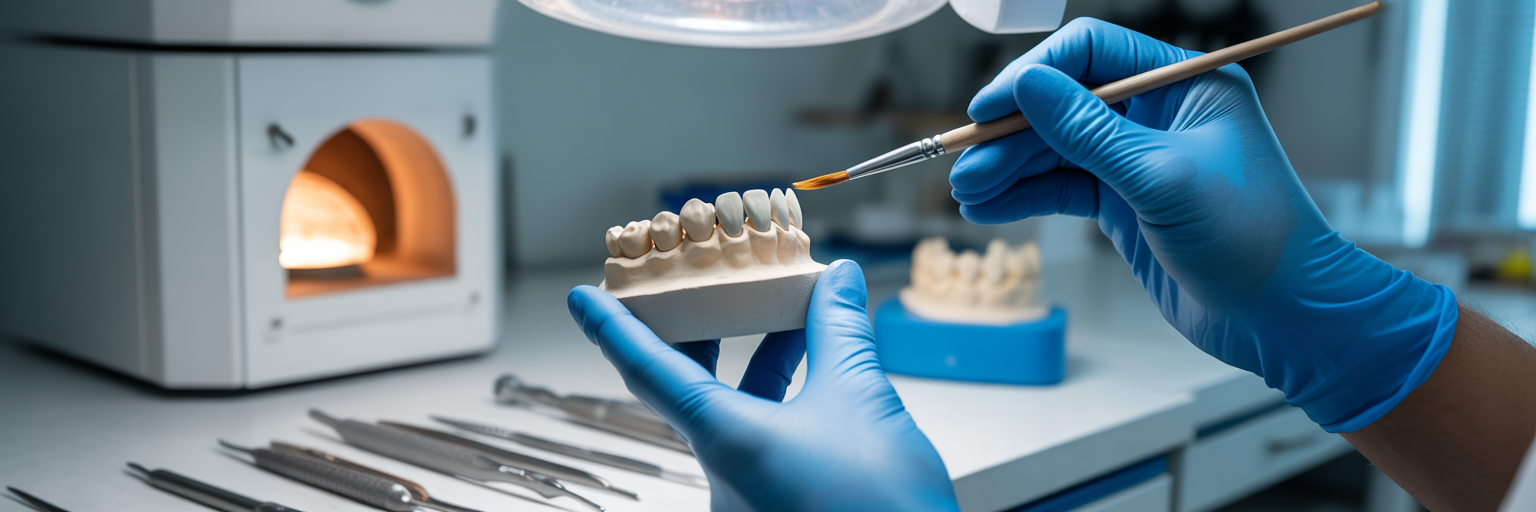 Technician crafting a ceramic dental crown.