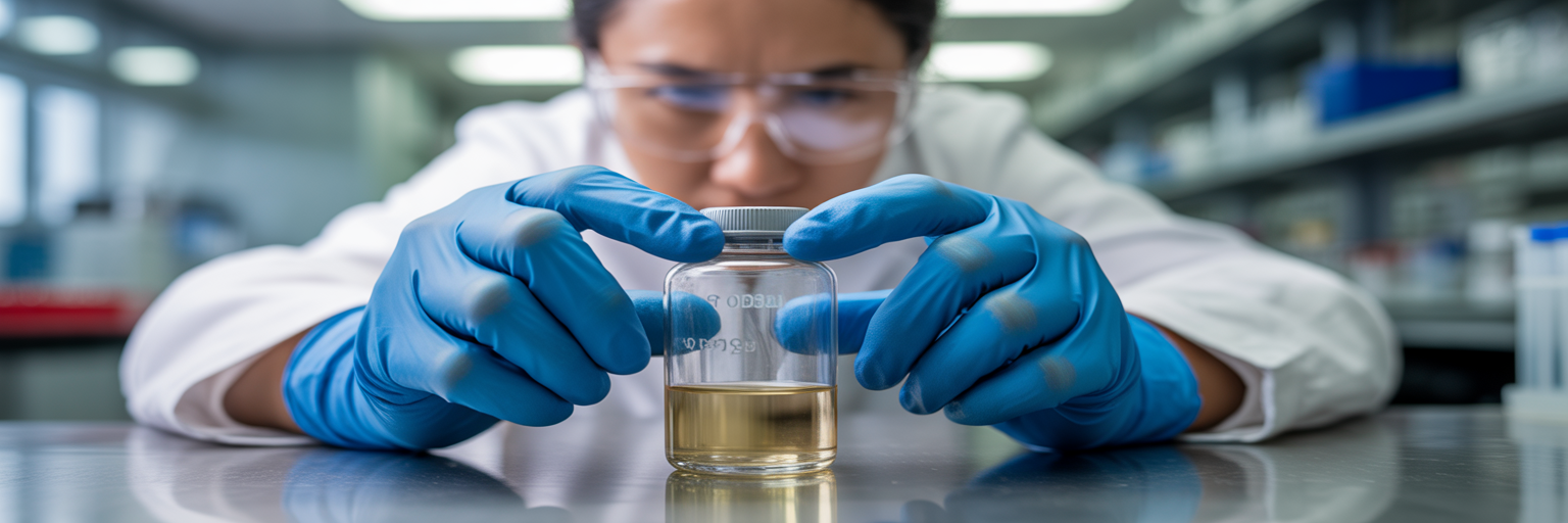 Technician inspecting laboratory vial quality.