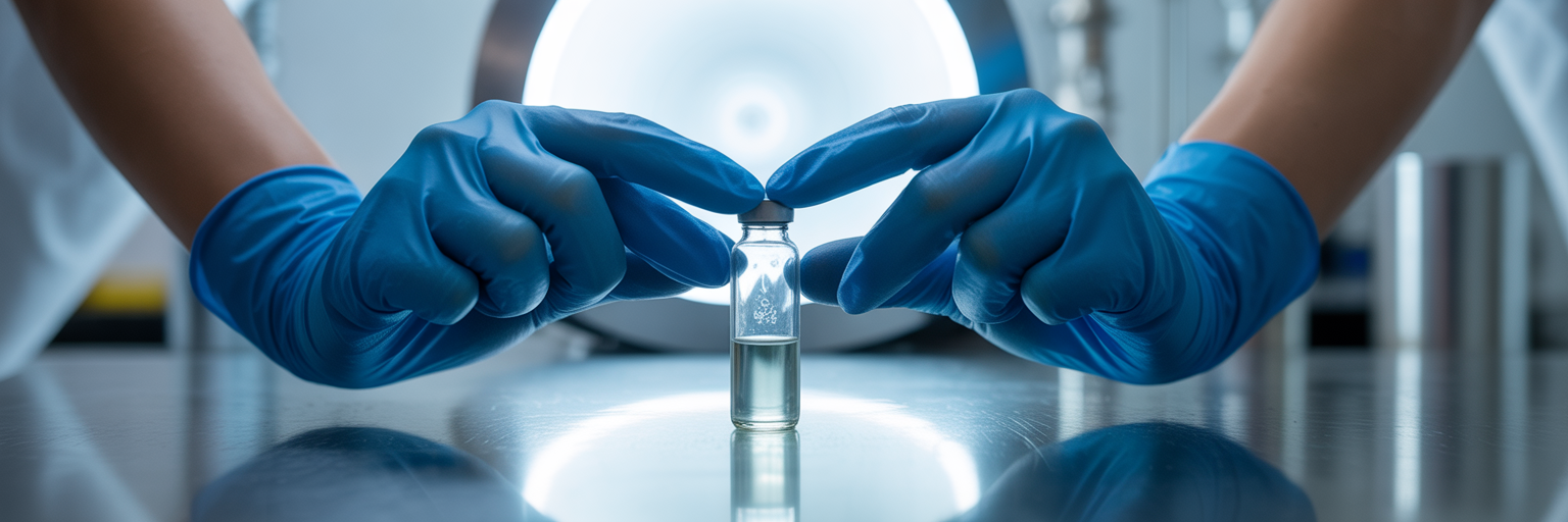 Technician inspecting sterile lab vial.