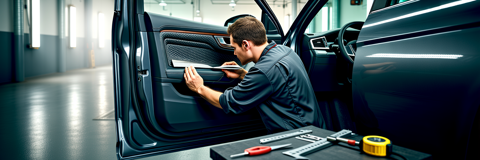 Technician installing automotive sound-dampening material