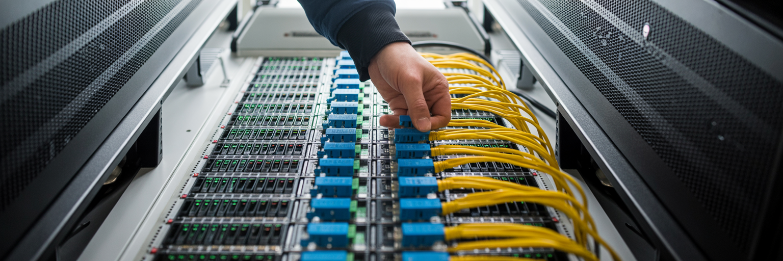 Technician managing complex server connections.