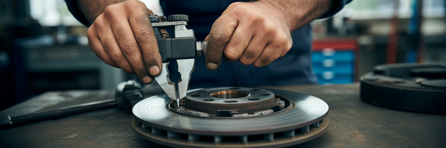 Technician measuring brake rotor thickness