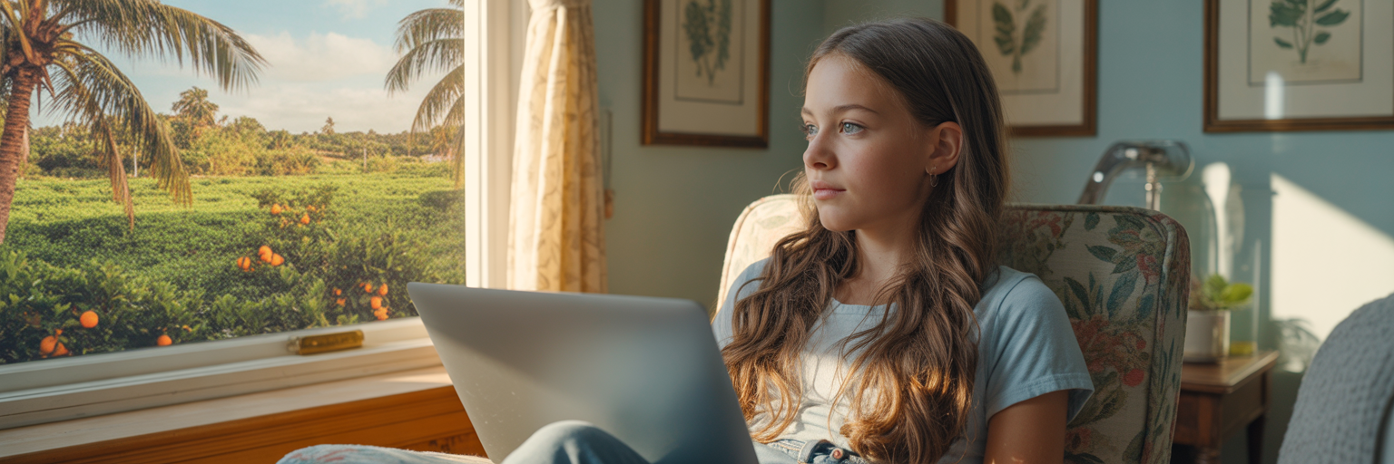 Teenager accessing telehealth in rural Florida bedroom.