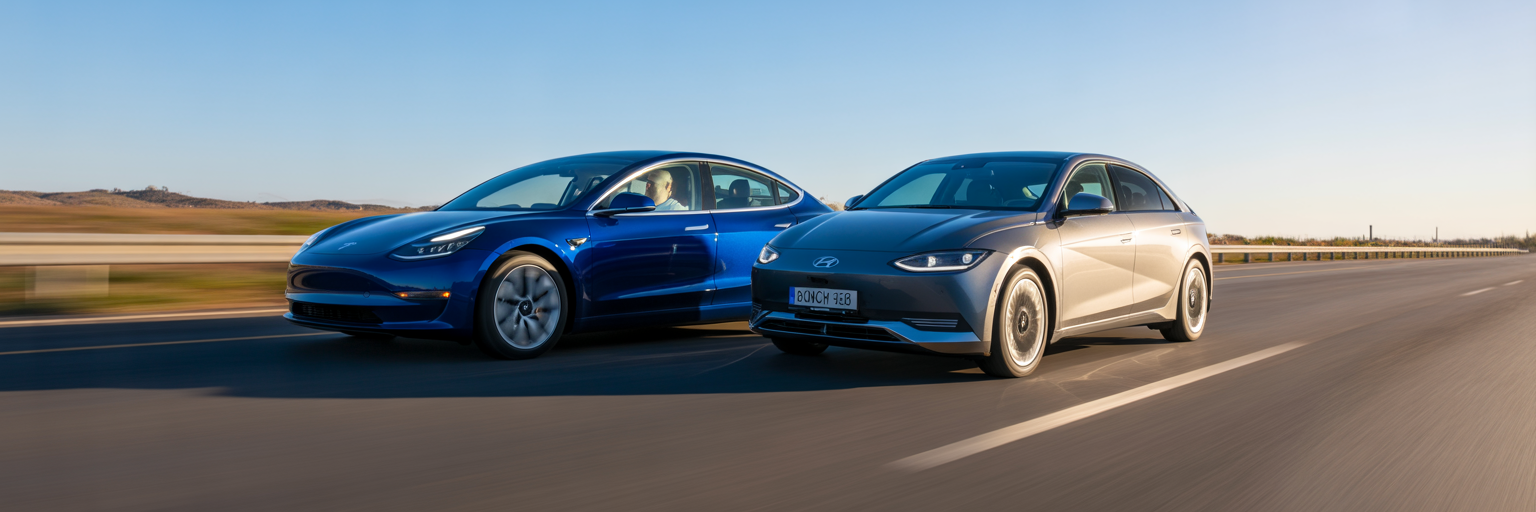Tesla Model 3 and Hyundai Ioniq 6 on highway