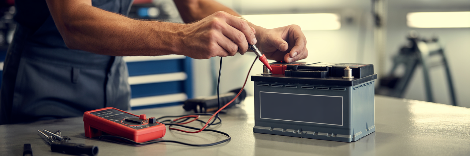 Testing a car battery with a multimeter.