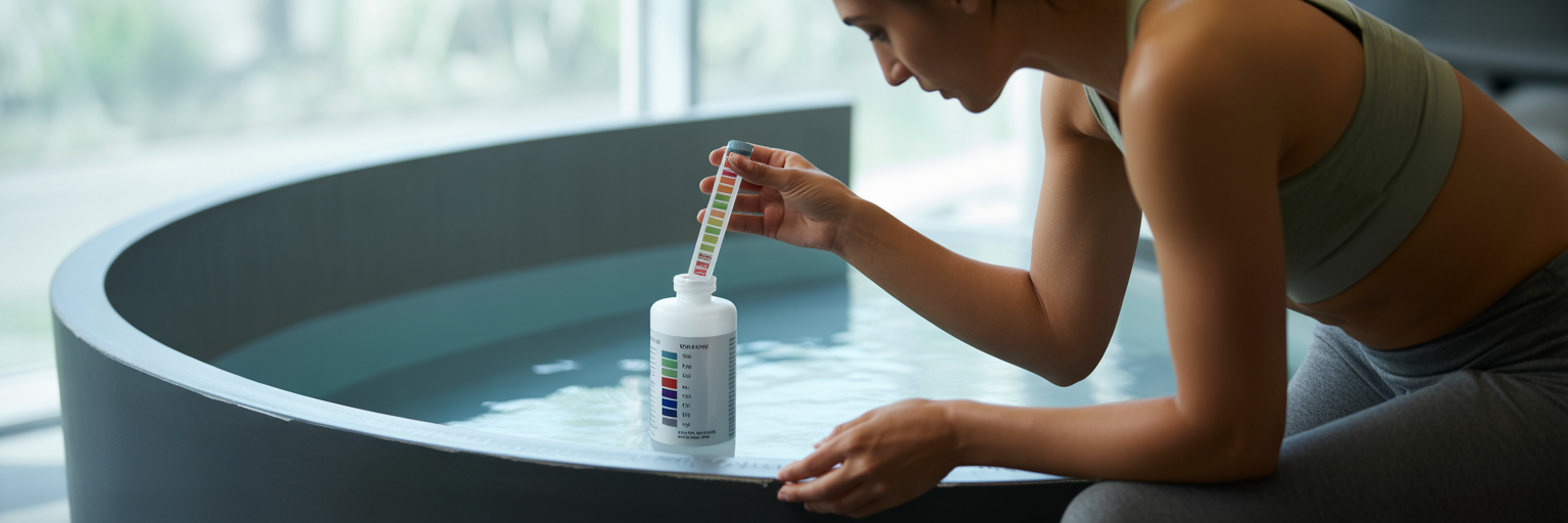 Testing cold plunge tub water chemistry.