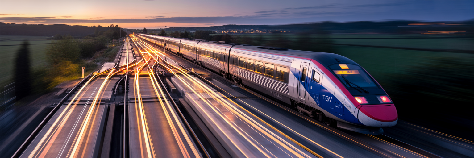 TGV moderne sur des voies lumineuses symbolisant l'avenir du NLP.