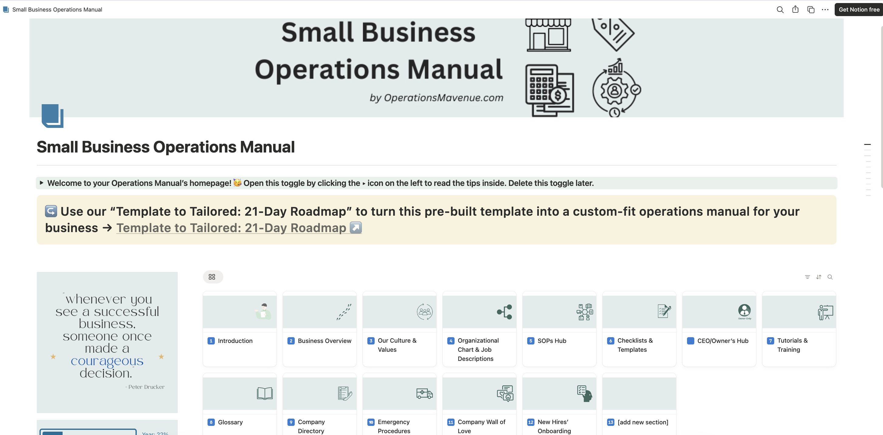 a small business operations manual in Notion