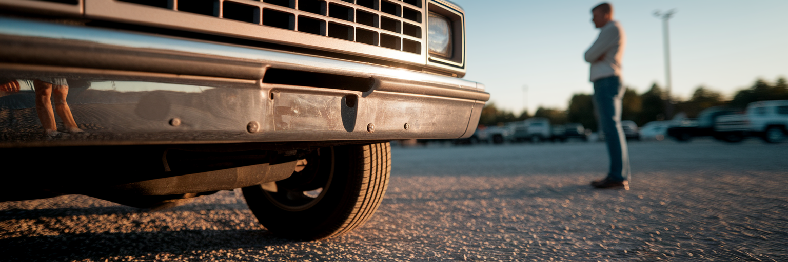 Thoughtful buyer observing a used truck.