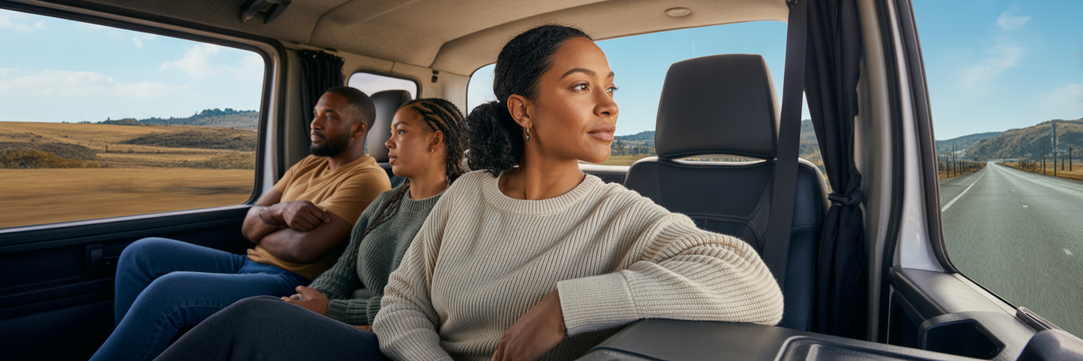 Three adults sitting comfortably in a truck's rear seat