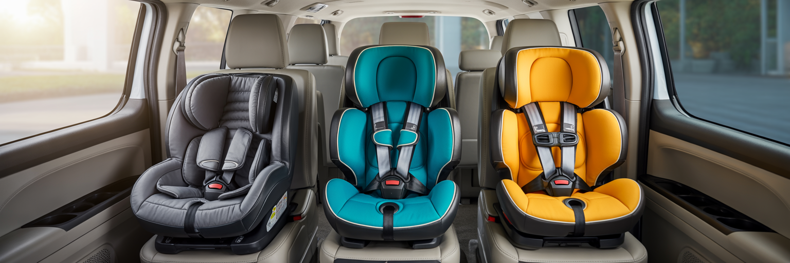 Three child car seats installed in minivan second row.