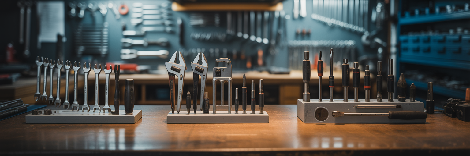 Three distinct sets of workshop tools on a bench.