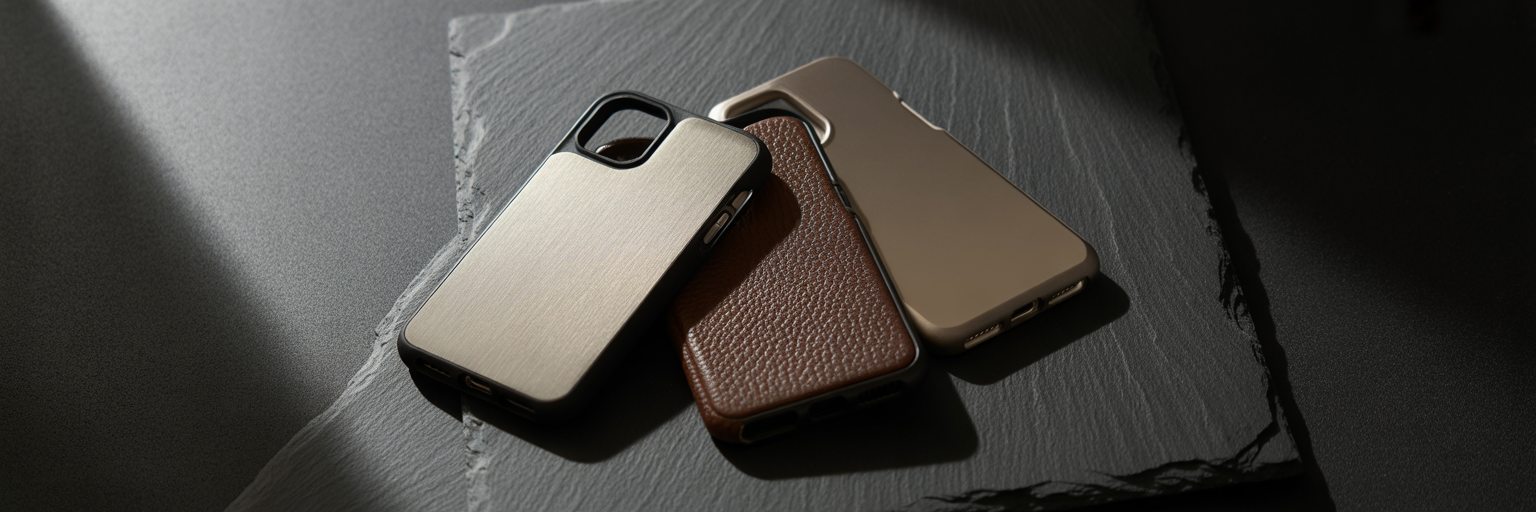Three minimalist luxury iPhone cases on slate.