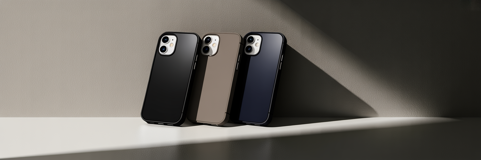 Three minimalist rectangle iPhone cases in neutral colors.