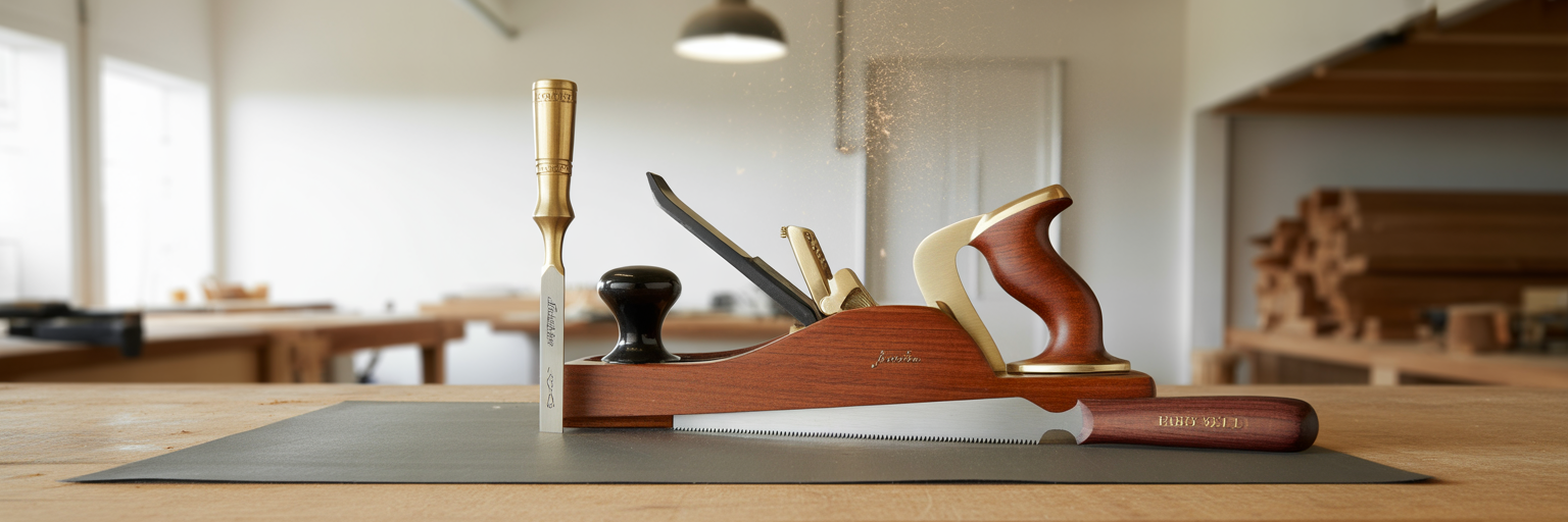 Three specialized woodworking tools on workbench.