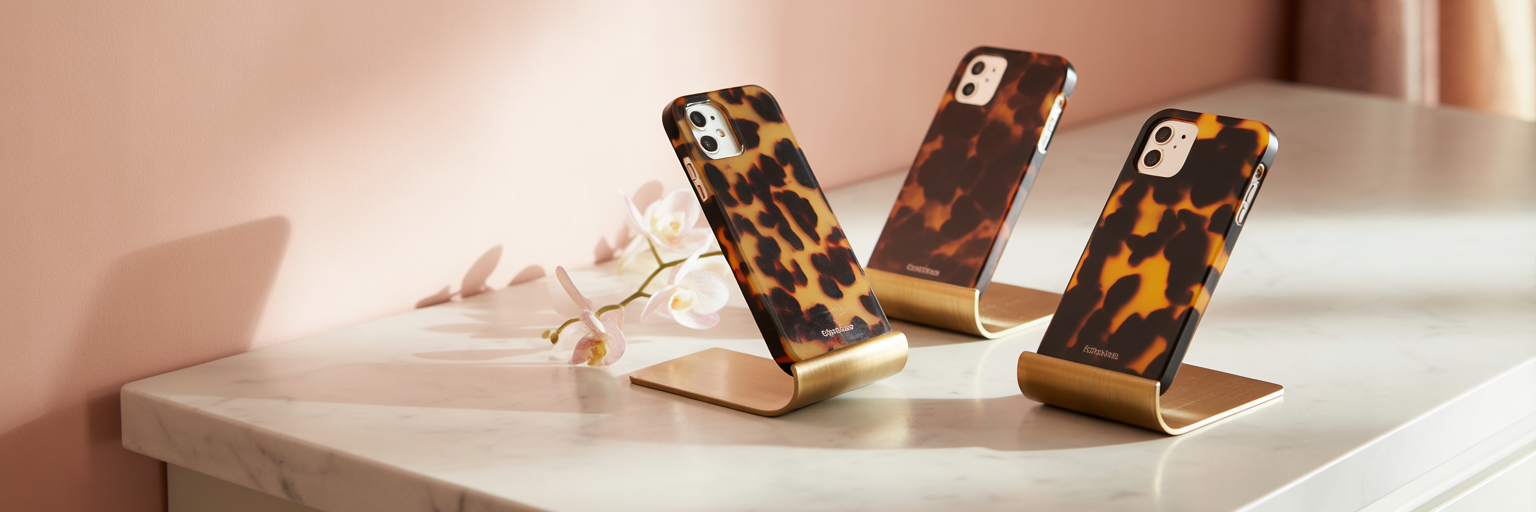 Three variations of tortoiseshell iPhone cases on display.