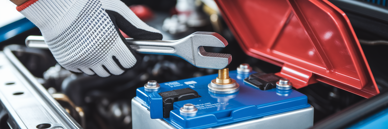 Tightening a new car battery terminal.